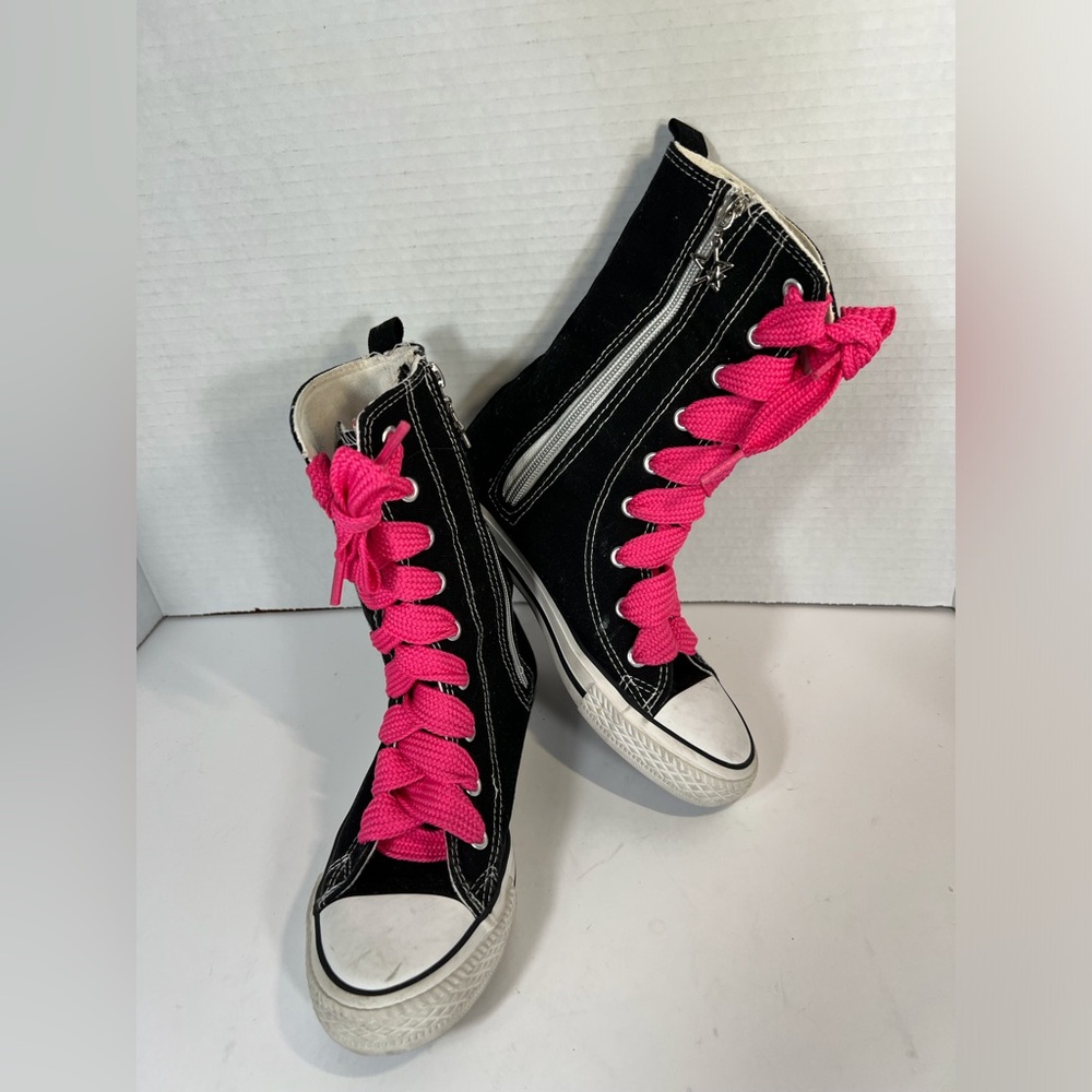 OPOEE Canvas High Top Sneakers Black Pink Lace Up Zip Girls US 4 Big Kids EU 35